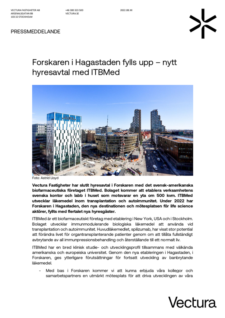 Pressmeddelande_Forskaren i Hagastaden fylls upp – nytt hyresavtal med ITBMed.pdf