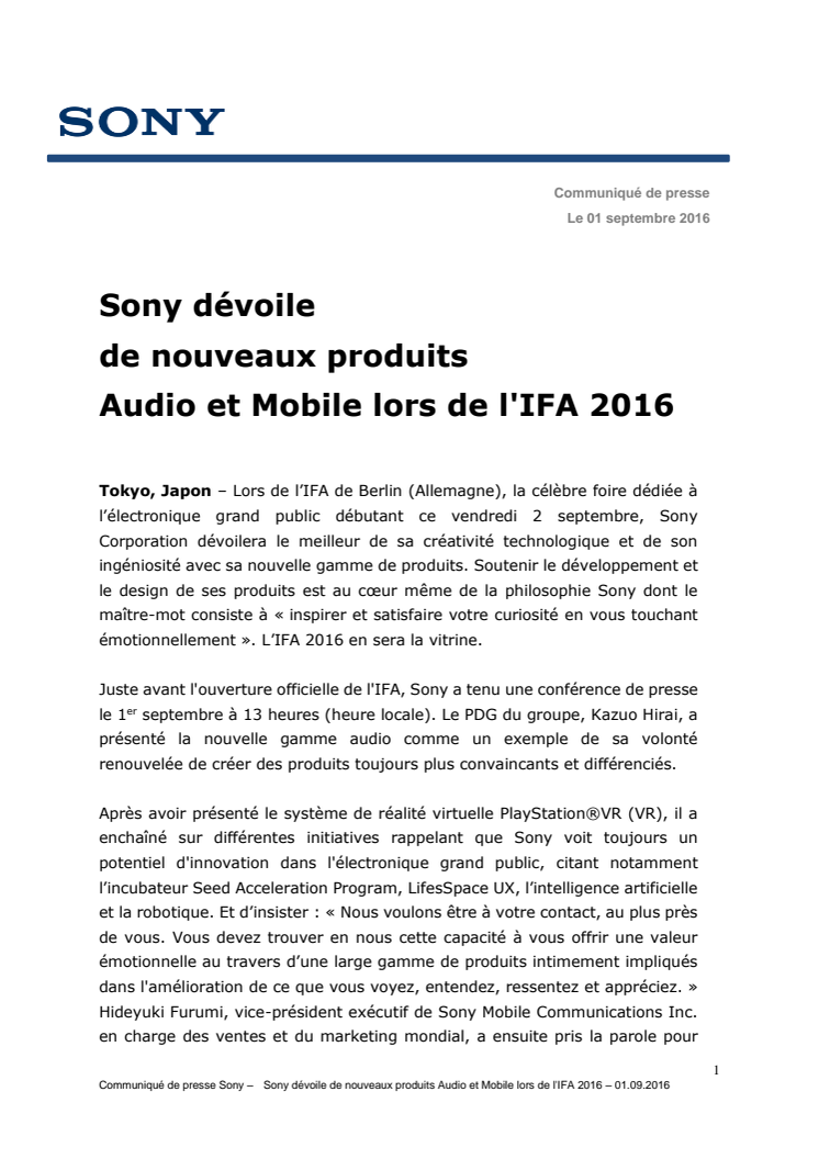 Sony dévoile de nouveaux produits Audio et Mobile lors de l'IFA 2016