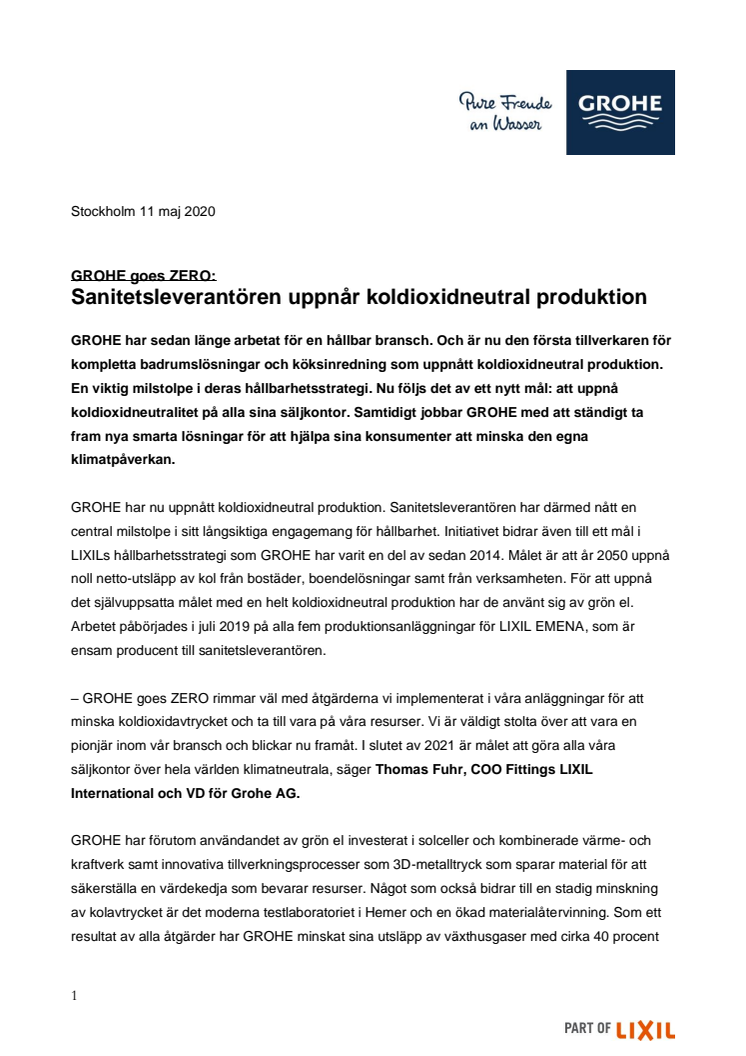 GROHE goes ZERO: Sanitetsleverantören uppnår koldioxidneutral produktion