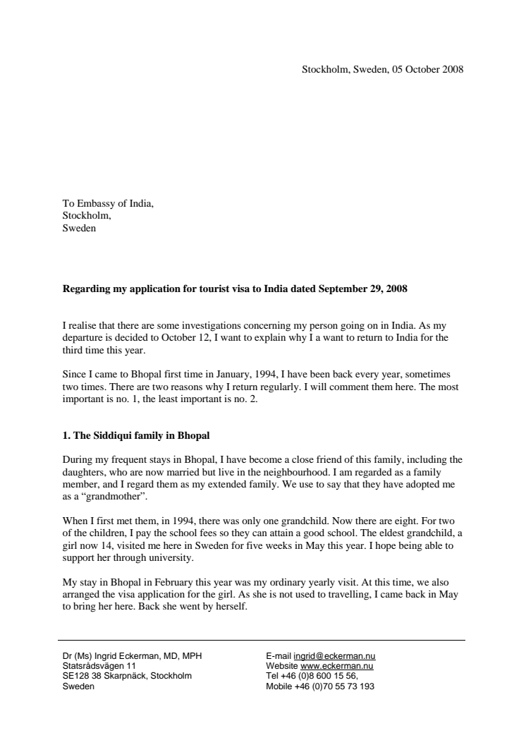 Letter to the Ambassador of India in Sweden, October 2008