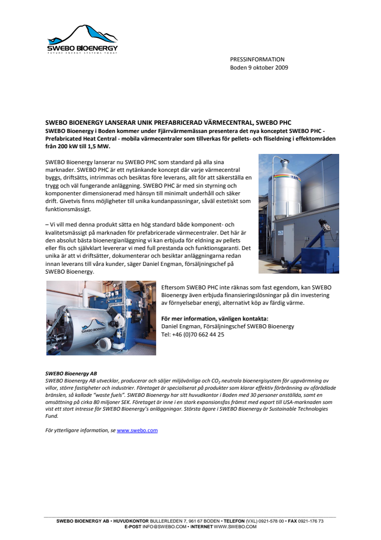 SWEBO Bioenergy lanserar unik prefabricerad värmecentral, SWEBO PHC