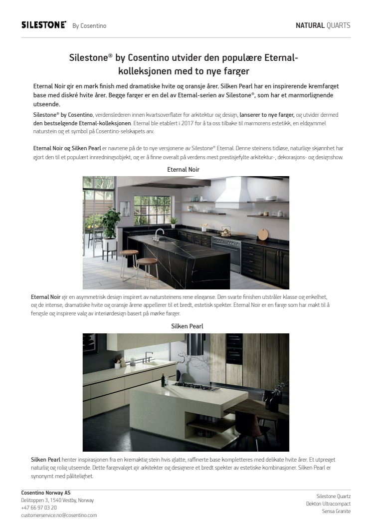 Silestone® by Cosentino utvider den populære Eternal-kolleksjonen med to nye farger 