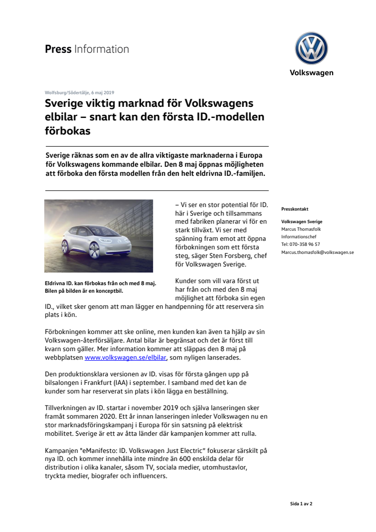 Sverige viktig marknad för Volkswagens elbilar – snart kan den första ID.-modellen förbokas