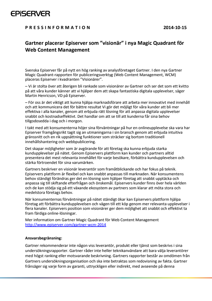 Gartner placerar Episerver som ”visionär” i nya Magic Quadrant för Web Content Management