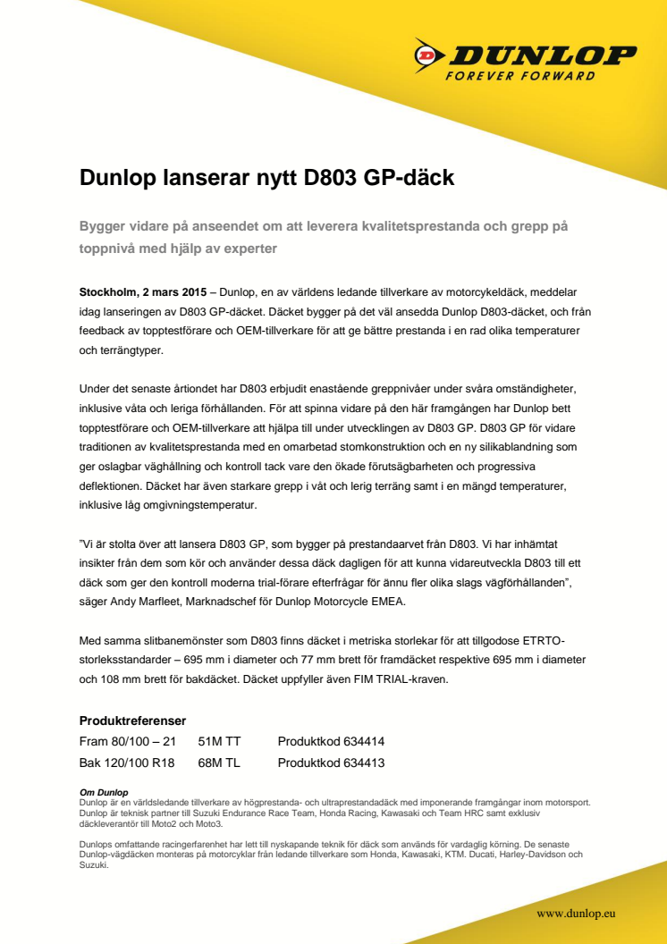 Dunlop lanserar nytt D803 GP-däck 