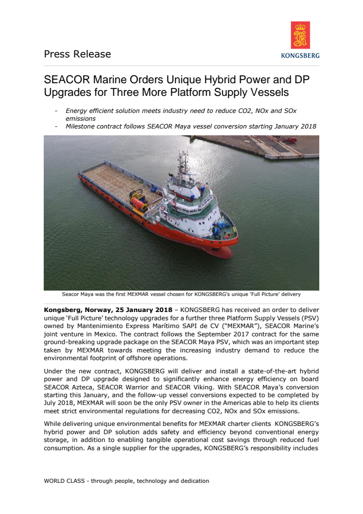 Kongsberg Maritime: SEACOR Marine Orders Unique Hybrid Power and DP Upgrades for Three More Platform Supply Vessels 