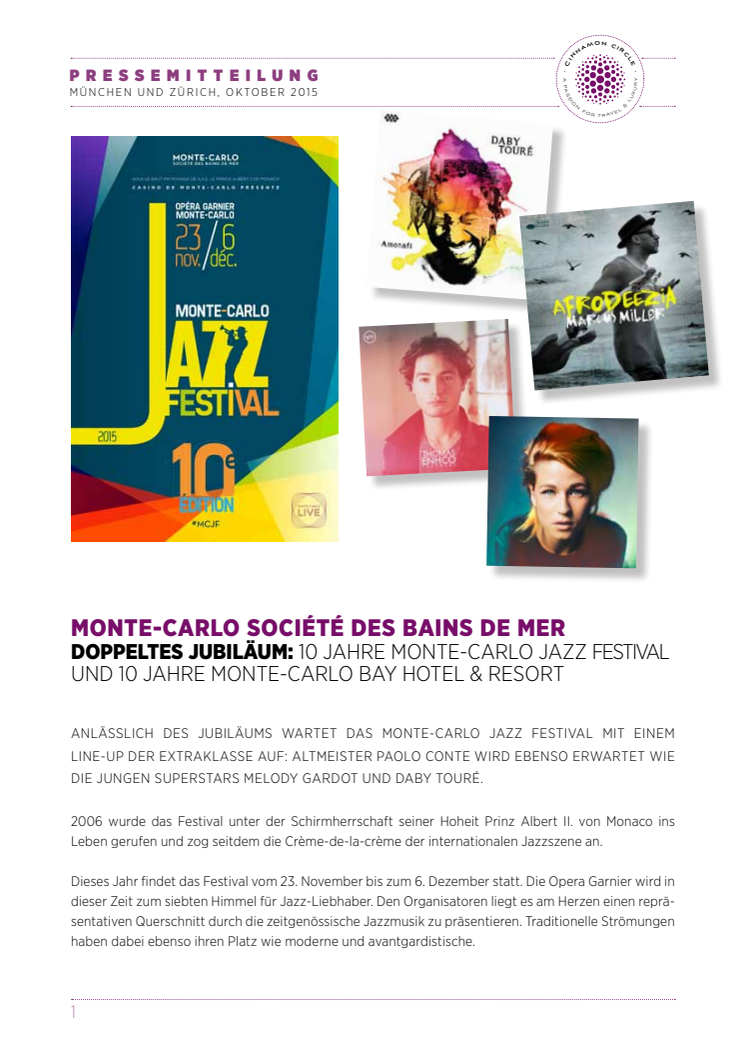 Doppeltes JUBILÄUM: 10 JAHRE MONTE-CARLO JAZZ FESTIVAL und 10 Jahre Monte-Carlo Bay Hotel & Resort