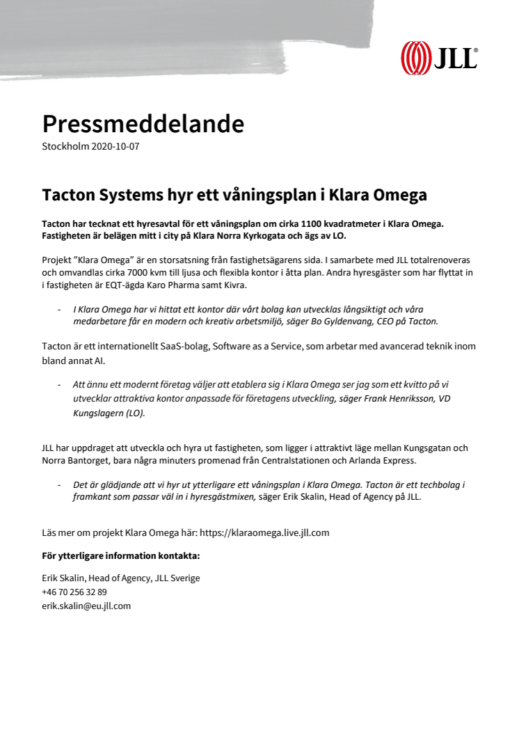 Tacton Systems hyr ett våningsplan i Klara Omega
