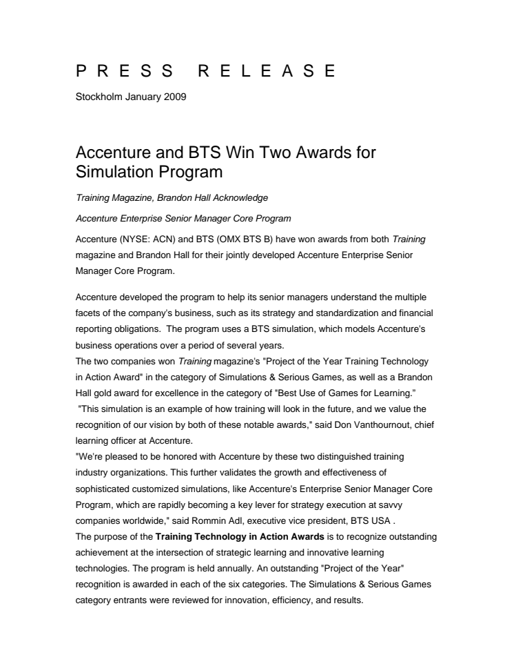 BTS Group AB och Accenture får två utmärkelser för affärssimuleringar