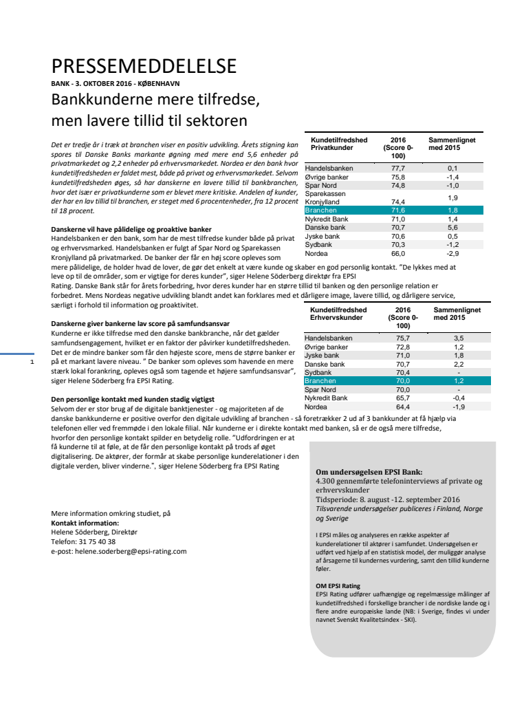 Bankkunderne mere tilfredse,  men lavere tillid til sektoren 	