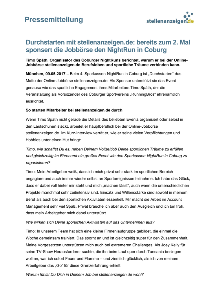 Durchstarten mit stellenanzeigen.de: bereits zum 2. Mal sponsert die Jobbörse den NightRun in Coburg
