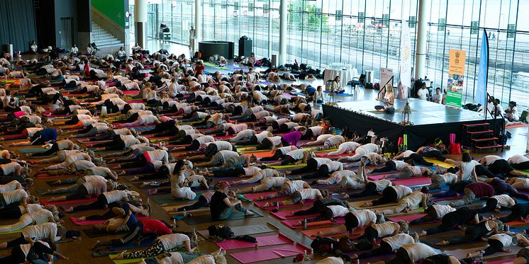 800 yogis under avslappnande yoga i Stockholm Waterfront Congressbuilding.