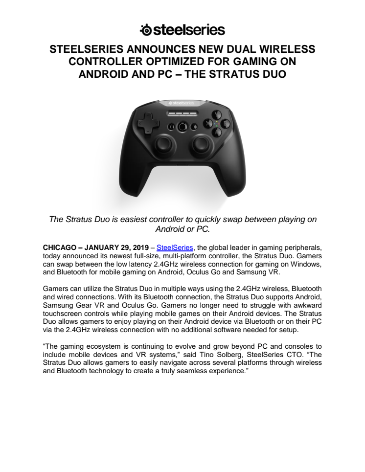 SteelSeries Announces New Dual Wireless Controller Optimized For Gaming on Android and PC - The Stratus Duo