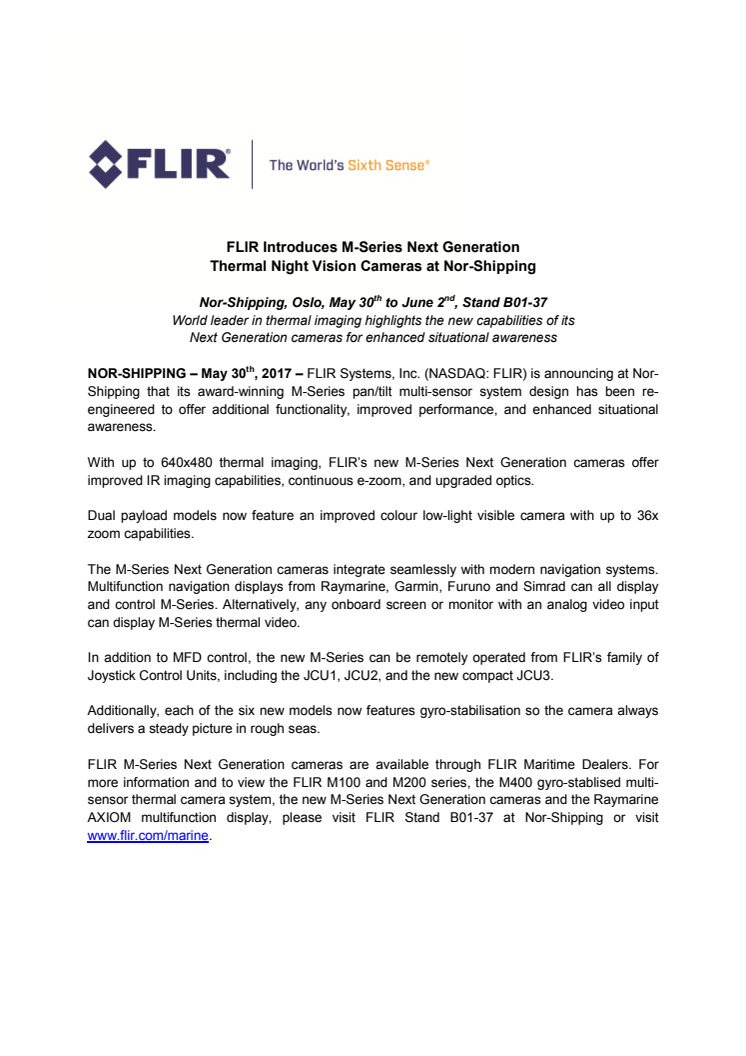 FLIR (Nor-Shipping - 3 of 3 releases): FLIR Introduces M-Series Next Generation Thermal Night Vision Cameras at Nor-Shipping