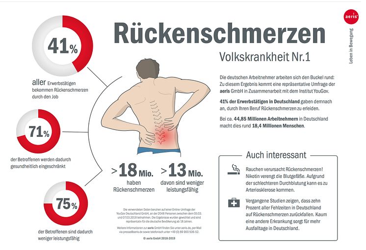 Infografik „Rückenschmerzen – Volkskrankheit Nr. 1“ der aeris GmbH. (© aeris GmbH 2018-2019)