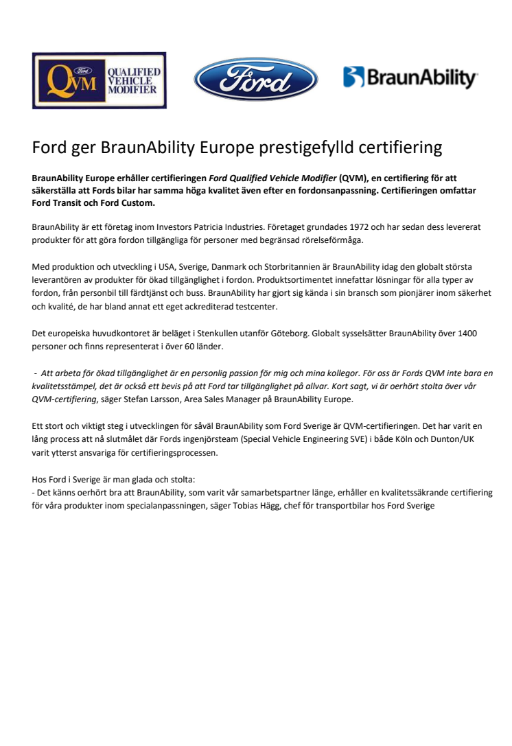 Ford ger BraunAbility Europe prestigefylld certifiering