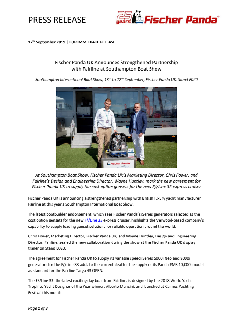 Fischer Panda UK Announces Strengthened Partnership with Fairline at Southampton Boat Show