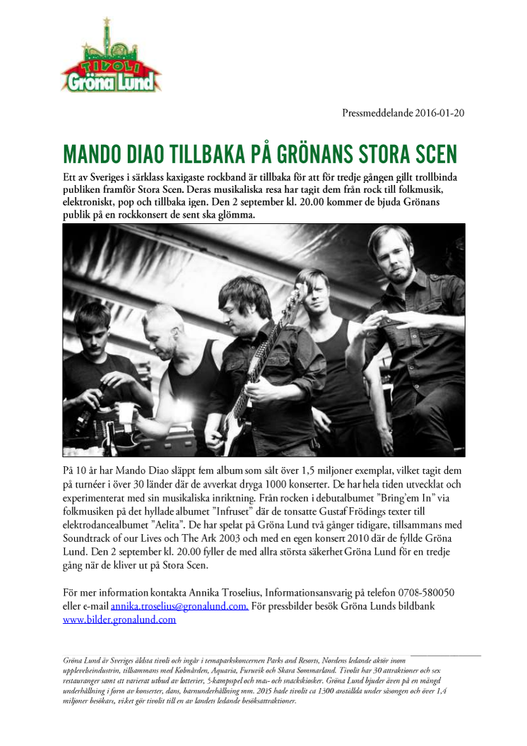 Mando Diao tillbaka på Grönans Stora Scen