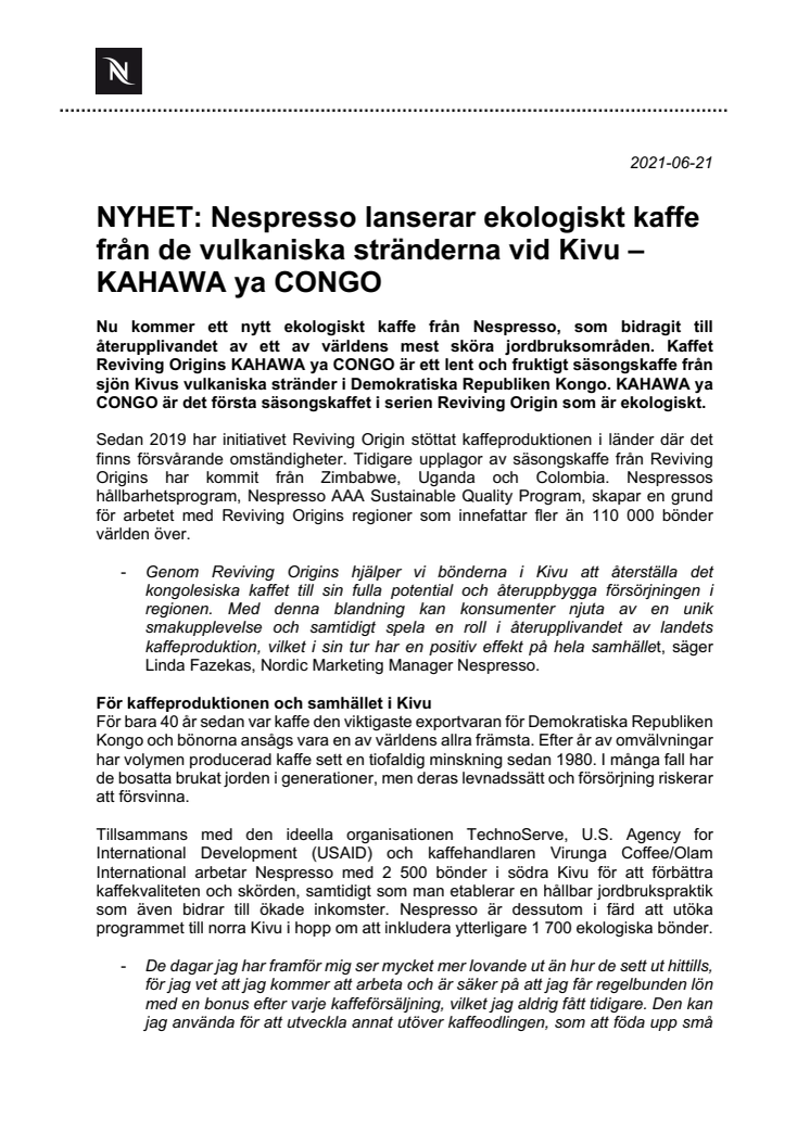 NYHET: Nespresso lanserar ekologiskt kaffe från de vulkaniska stränderna vid Kivu – KAHAWA ya CONGO