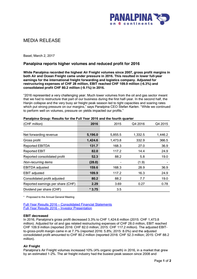 Panalpina reports higher volumes and reduced profit for 2016