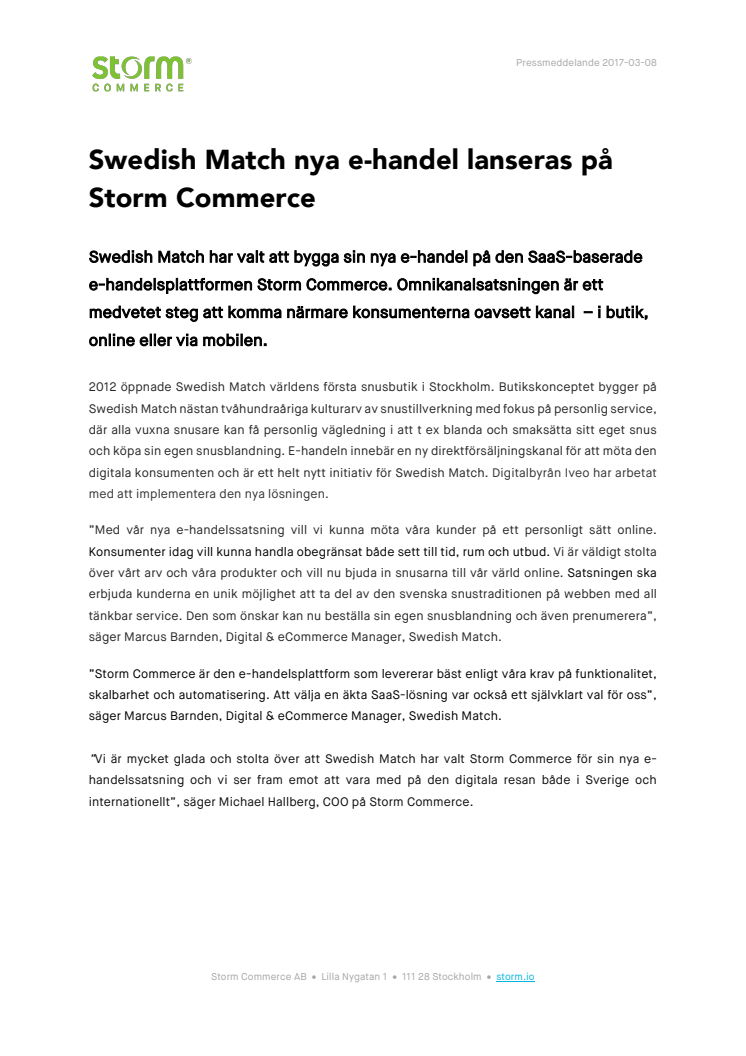 Swedish Match nya e-handel lanseras på Storm Commerce