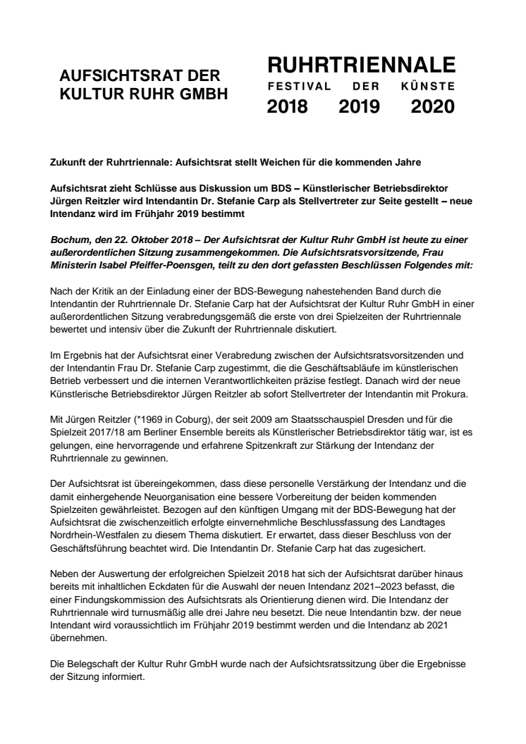 Pressemeldung des Aufsichtsrats der Kultur Ruhr GmbH