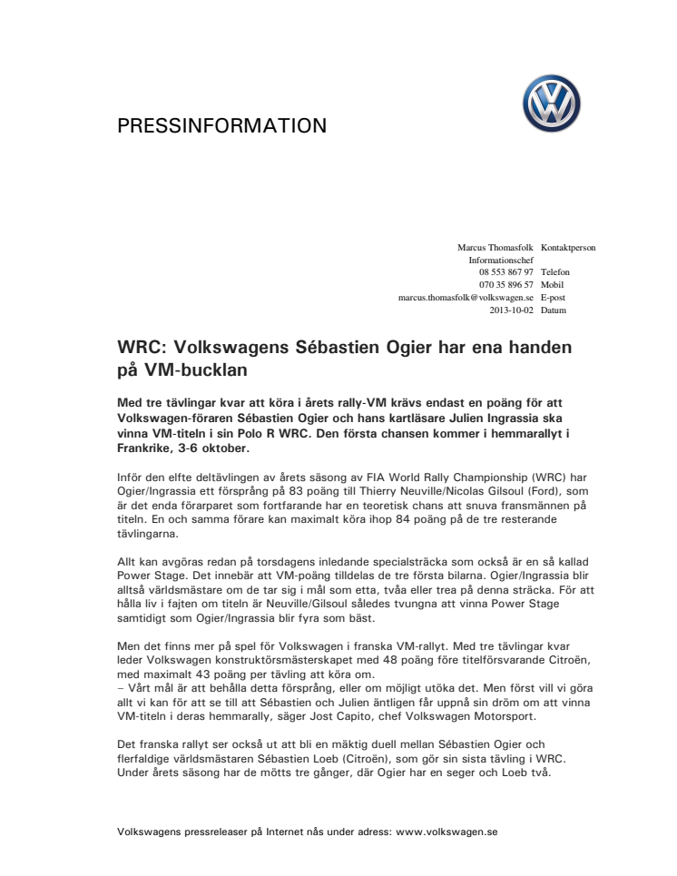 WRC: Volkswagens Sébastien Ogier har ena handen på VM-bucklan
