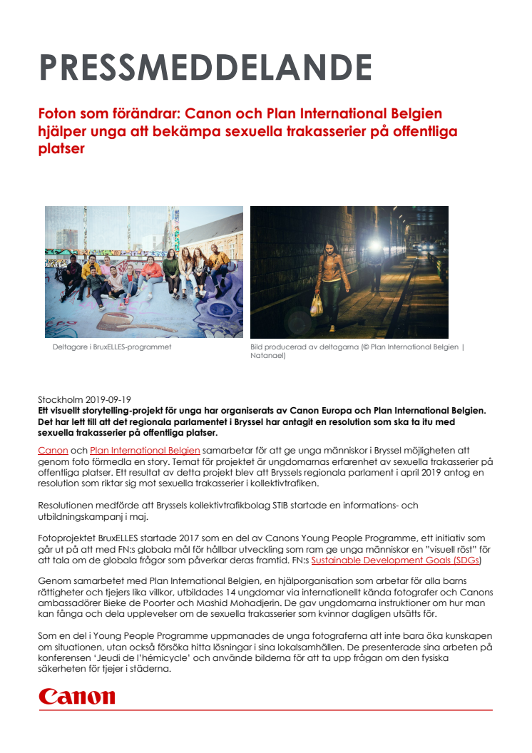 Foton som förändrar: Canon och Plan International Belgien hjälper unga att bekämpa sexuella trakasserier på offentliga platser