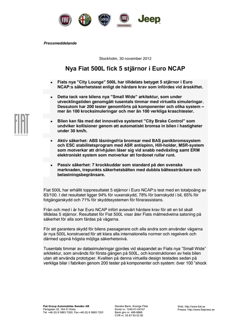 Nya Fiat 500L får 5 stjärnor i Euro NCAP