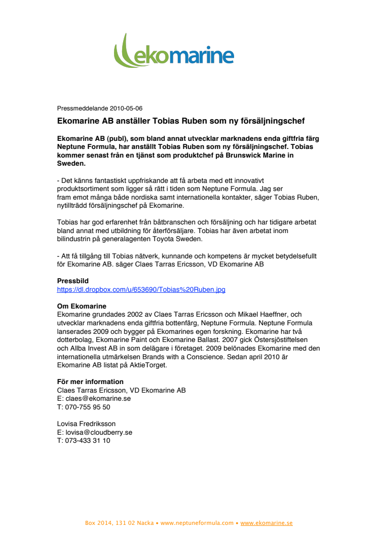 Ekomarine anställer Tobias Ruben som ny försäljningschef