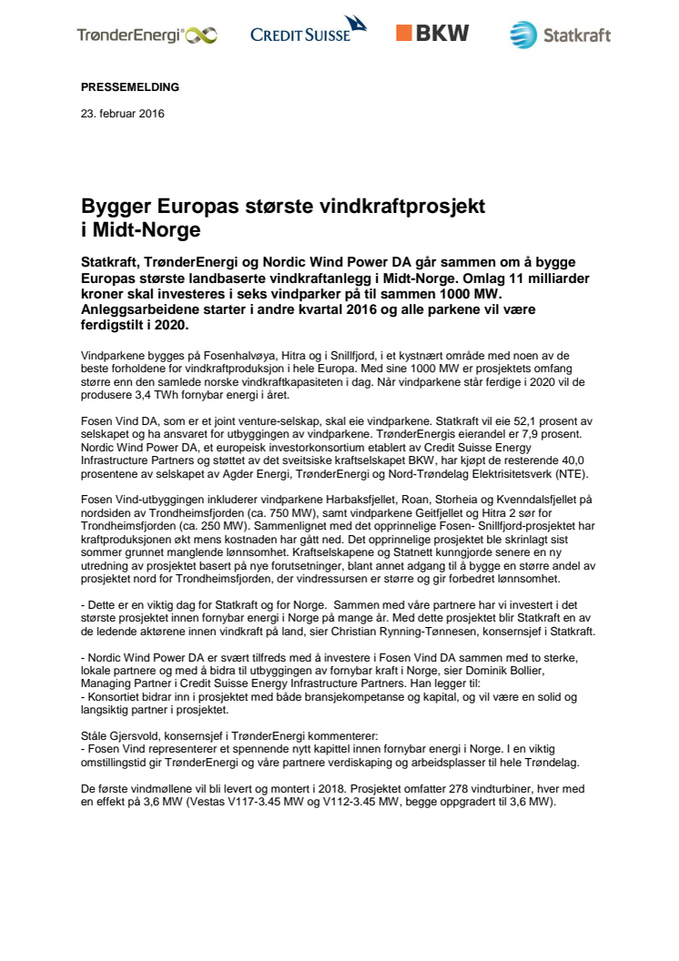 Bygger Europas største vindkraftprosjekt  i Midt-Norge