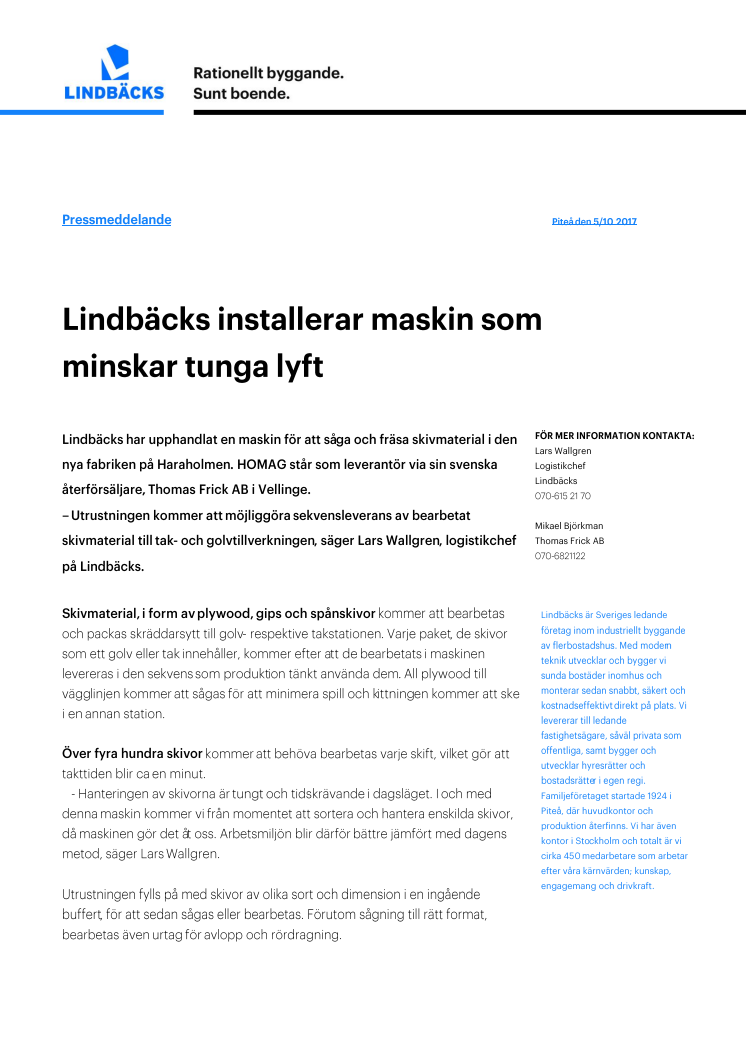 Lindbäcks installerar maskin som minskar tunga lyft