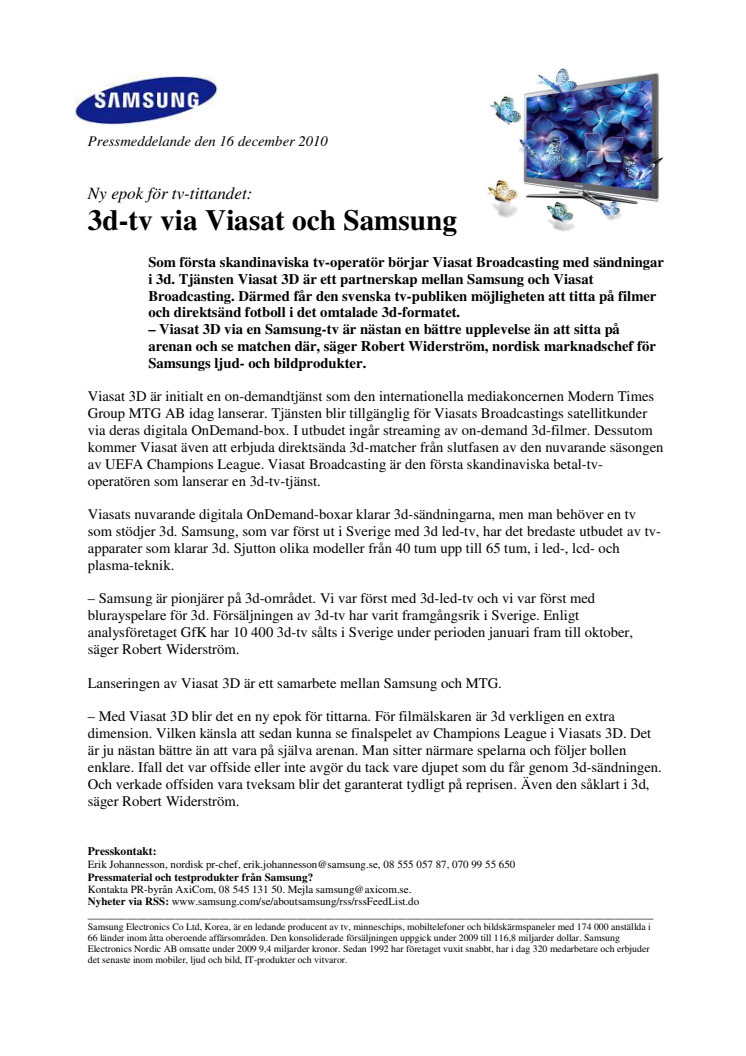 3d-tv via Viasat och Samsung