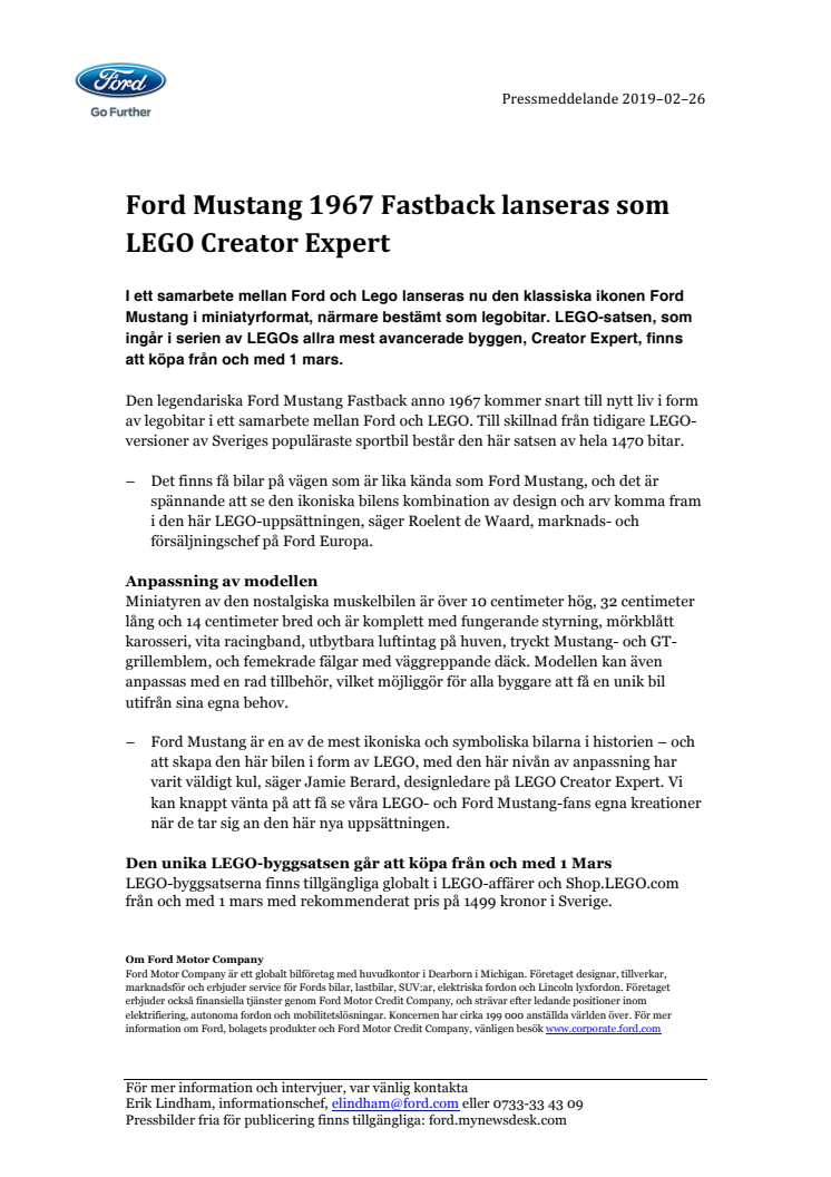 Ford Mustang 1967 Fastback lanseras som LEGO Creator Expert