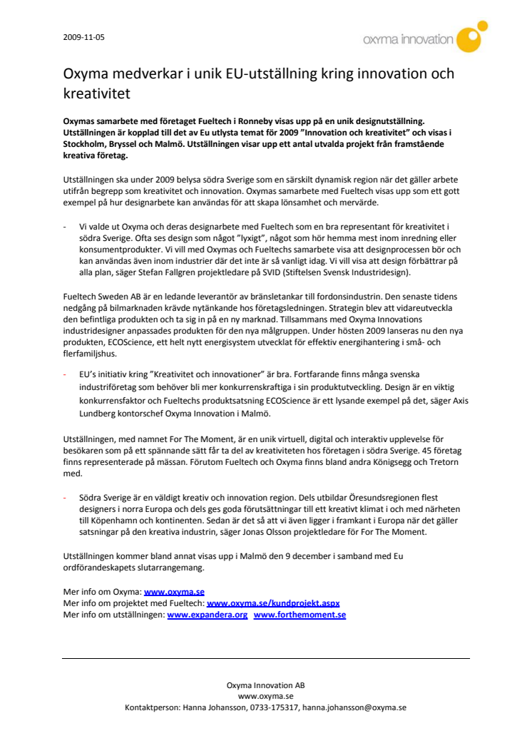 Oxyma medverkar i unik EU-utställning kring innovation och kreativitet