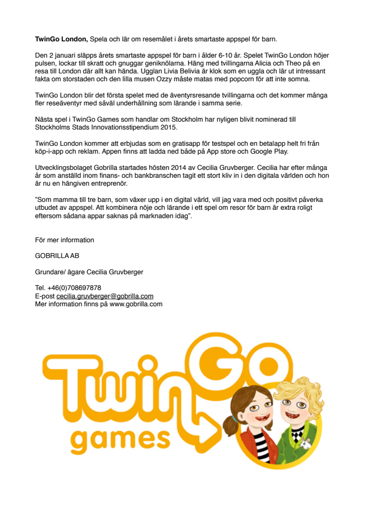 TwinGo London, Spela och lär om resemålet i årets smartaste appspel för barn. 