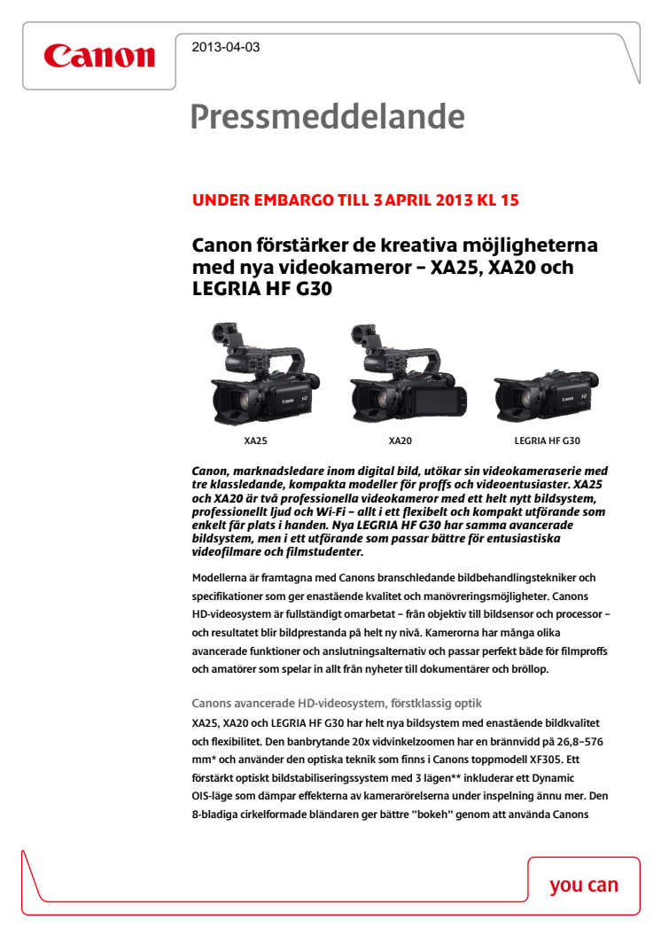 Canon förstärker de kreativa möjligheterna med nya videokameror – XA25, XA20 och LEGRIA HF G30