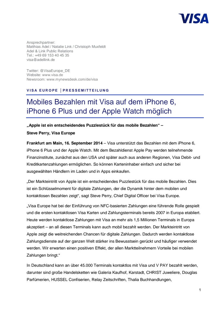 Mobiles Bezahlen mit Visa auf dem iPhone 6, iPhone 6 Plus und der Apple Watch möglich