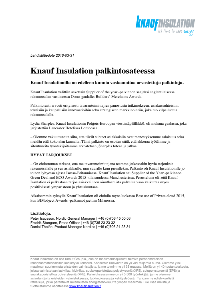 Knauf Insulation palkintosateessa 