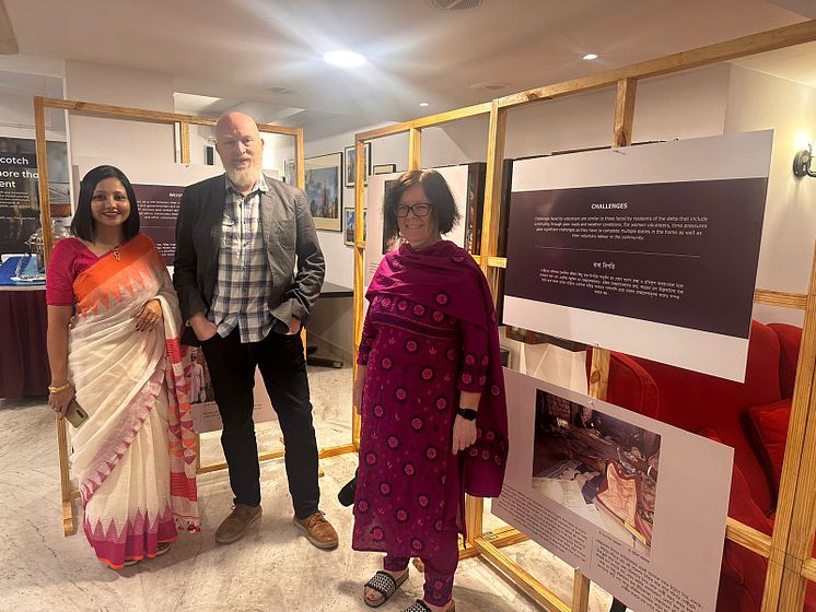 Sumana Banerjee, Professor Matt Baillie Smith and Janet Clark view the exhibition