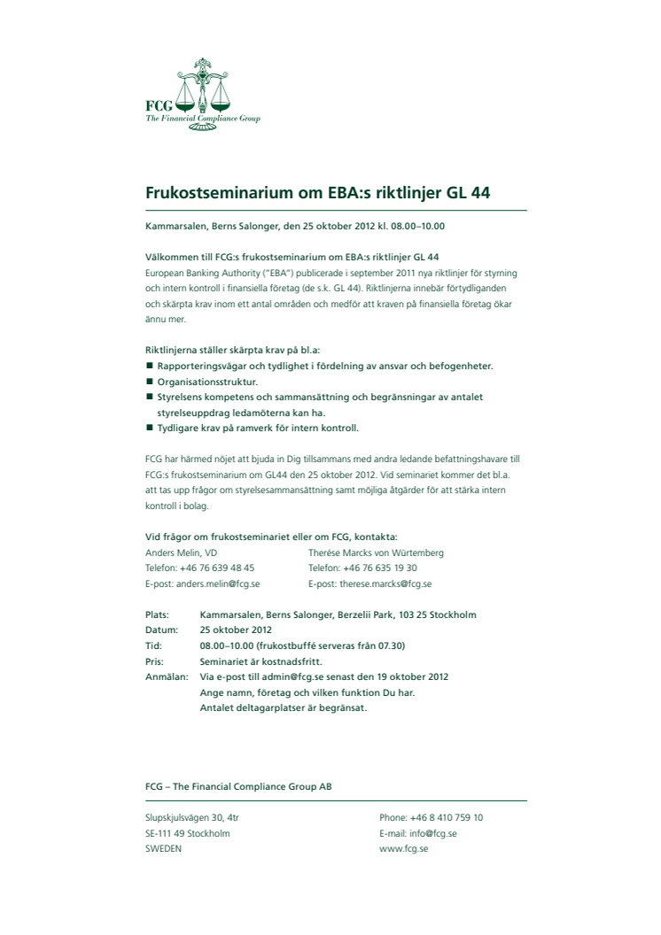 Välkommen till FCG:s frukostseminarium om EBA:s riktlinjer GL 44