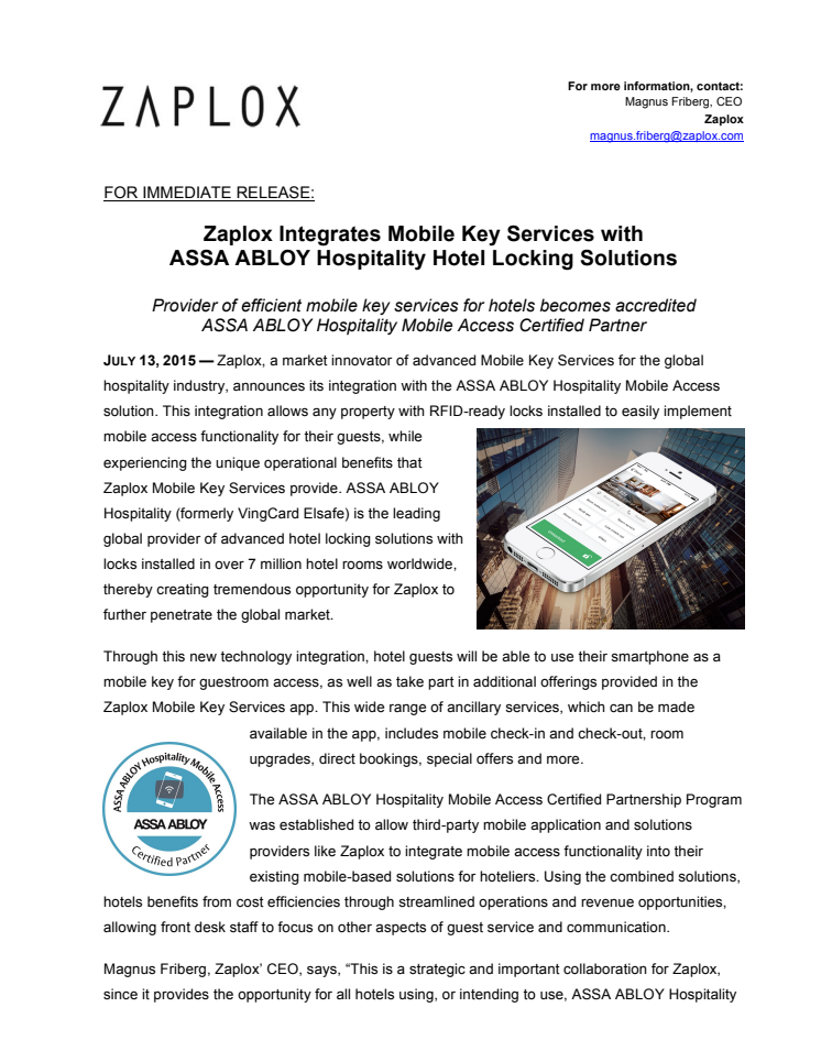 Zaplox Integrates Mobile Key Services with  ASSA ABLOY Hospitality Hotel Locking Solutions