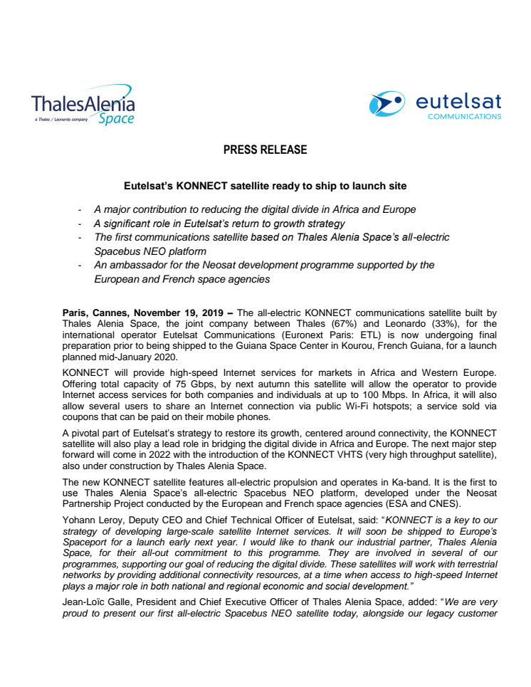 Eutelsat’s KONNECT satellite ready to ship to launch site