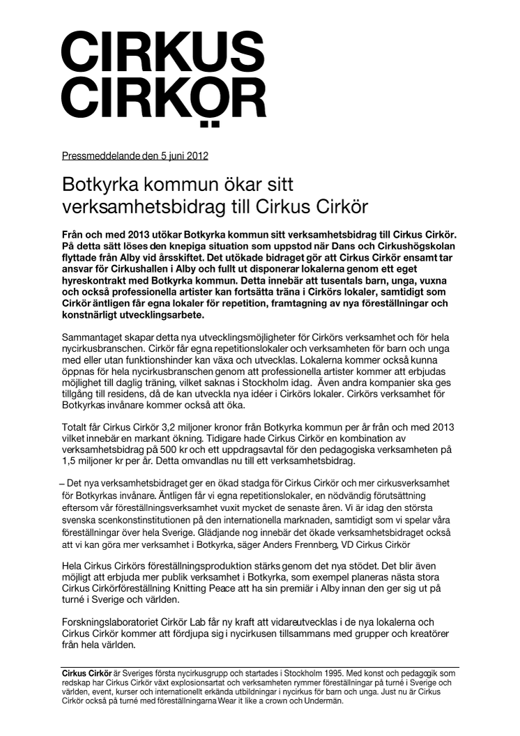 Botkyrka kommun ökar sitt verksamhetsbidrag till Cirkus Cirkör