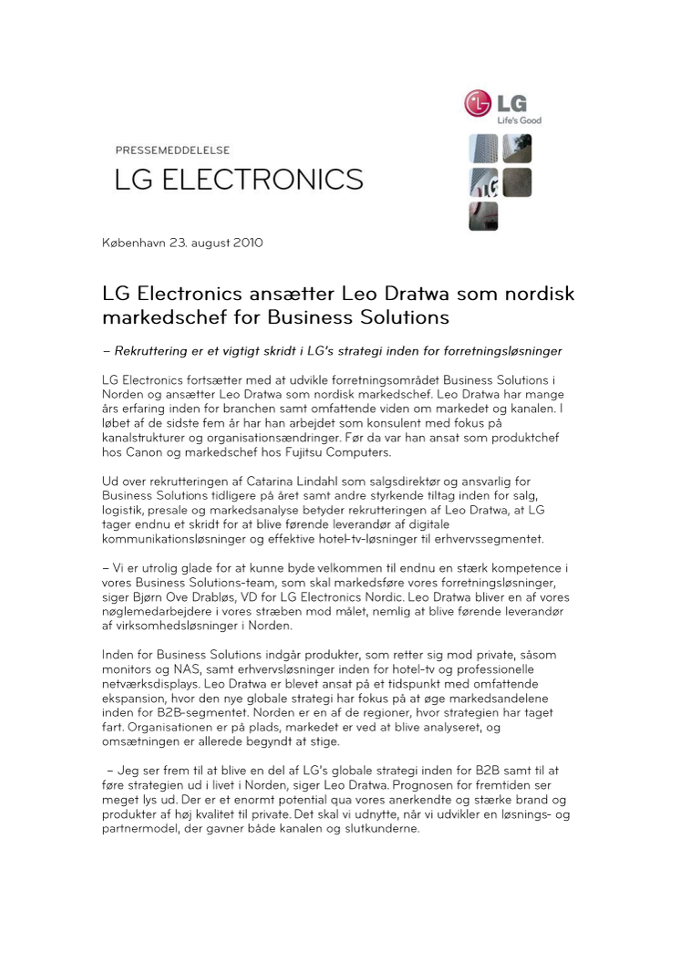 LG Electronics ansætter Leo Dratwa som nordisk markedschef for Business Solutions