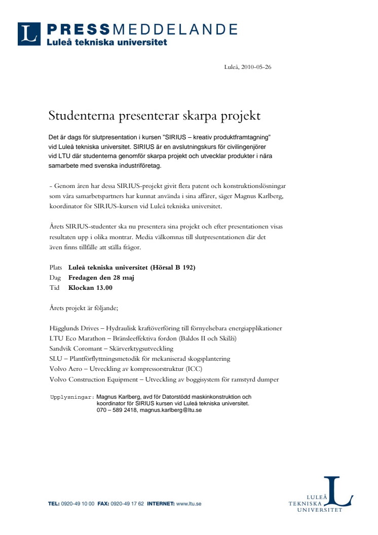 Pressinbjudan - Studenterna presenterar skarpa projekt