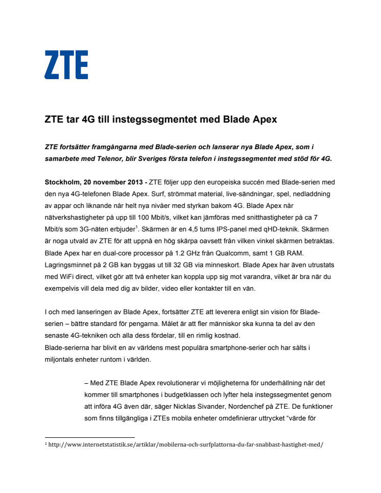 ZTE tar 4G till instegssegmentet med Blade Apex