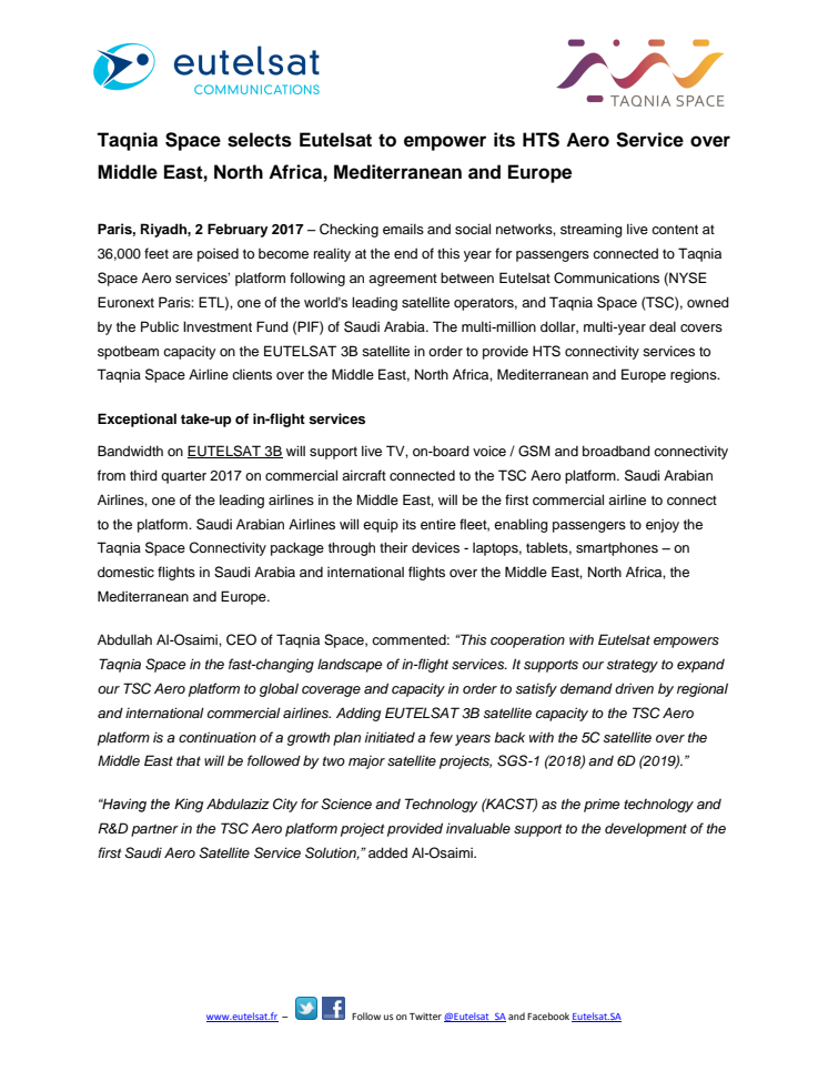 Taqnia Space selects Eutelsat to empower its HTS Aero Service over Middle East, North Africa, Mediterranean and Europe