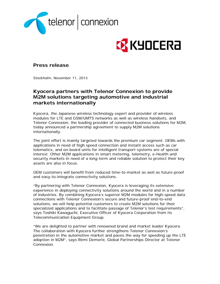 Kyocera partners with Telenor Connexion to provide M2M solutions targeting automotive and industrial markets internationally