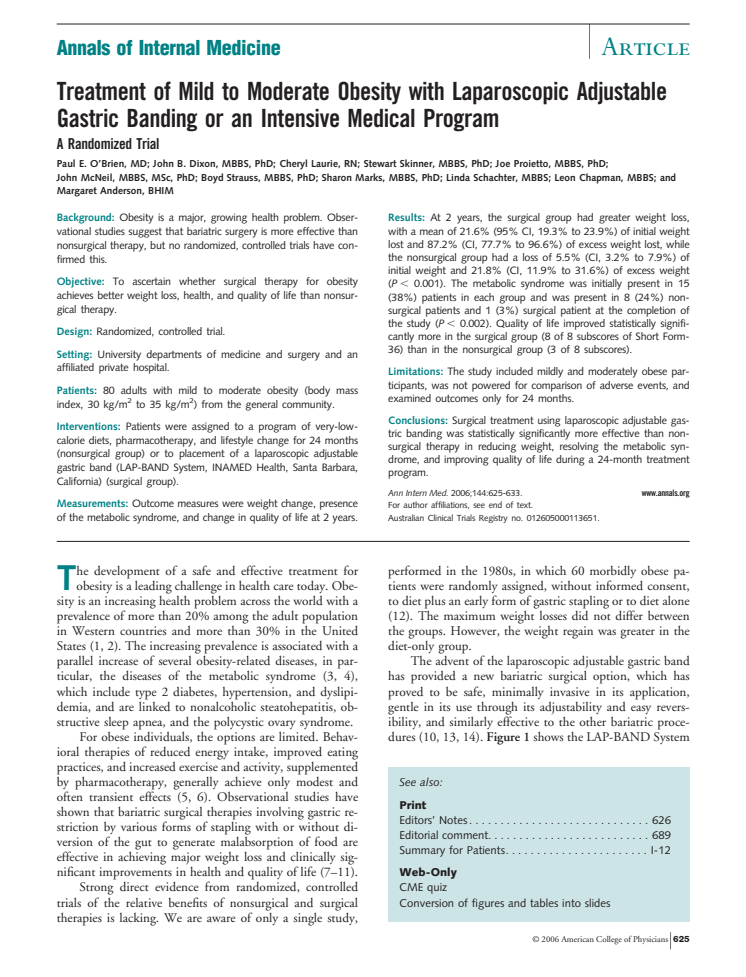 Treatment of Mild to Moderate Obesity with Laparoscopic Adjustable Gastric Banding or an Intensive Medical Program